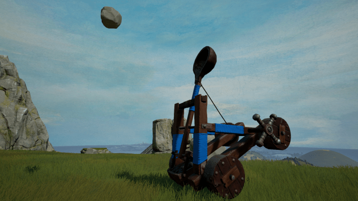 A catapult launches a boulder