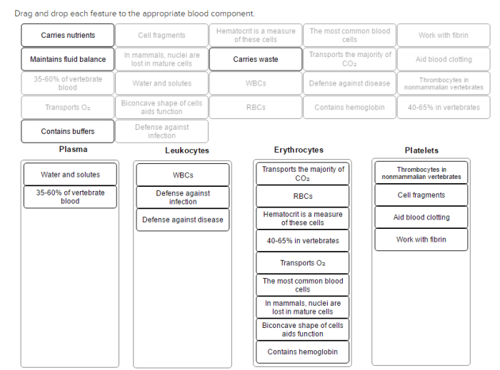 Drag and drop each feature to the appropriate blood component.